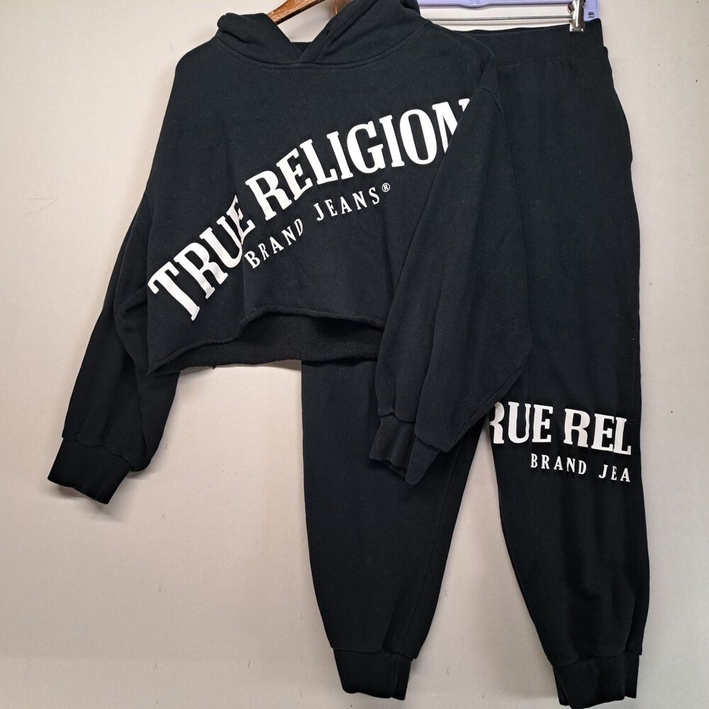 True Religion Sweat Suit Womens Cropped Hoodie L Joggers XL Black Lounge Set